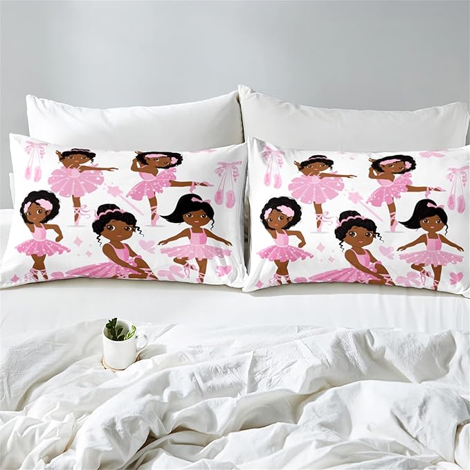 African American Comforter Set 3Pcs for Kids Pink Black Cute Little Dancers Twin Bedding Set for Girls Queen Size Soft Lovely Ballet Girl Duvet Cover with 2 Pillowcases for All Season