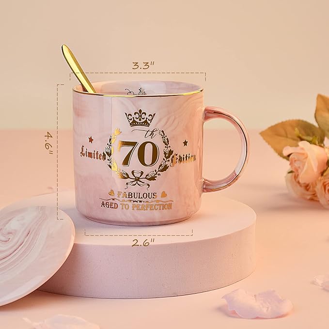 70th Birthday Gifts for Women - Aged to Perfection Coffee Mug - Unique Birthday Present for Grandma Mum Wife Girl Friend Sister - Pink Marble Mug for Coffee Lovers 14Oz Tea Cup Gift Boxed