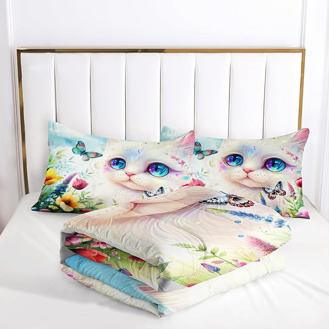 AILONEN Fairy Cat Kids Comforter Set Twin Size, Colorful Floral Butterfly Cartoon Kawaii Bedding Set for Girls, Fantasy Comforter with 2 Pillowcases, Beautiful Cat Duvet Set 3 Pieces