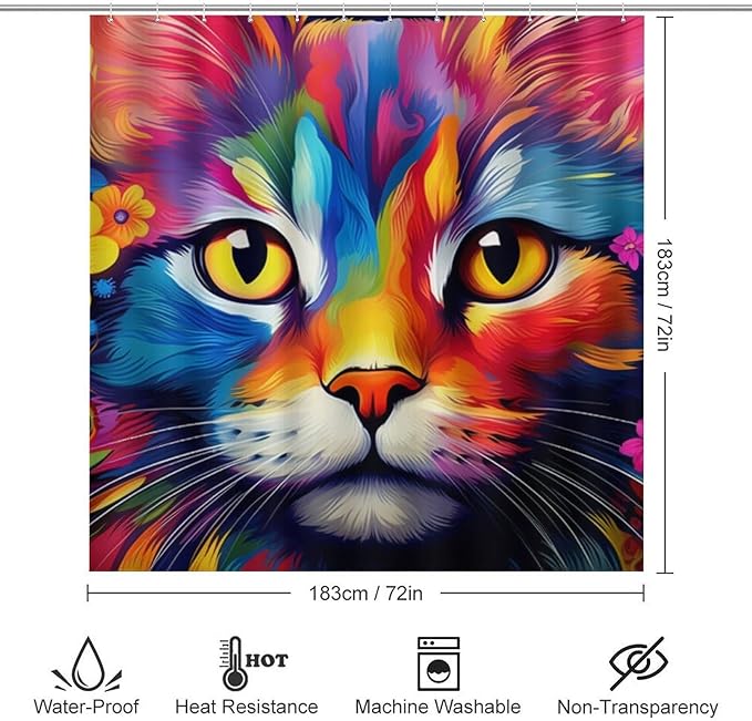 4Pcs Cool Watercolor Cat Shower Curtain Sets with Non-Slip Rugs, Toilet Lid Cover and U Shape Bath Mat, Abstract Flower Animal Bathroom Sets Waterproof Shower Curtains with 12 Hooks