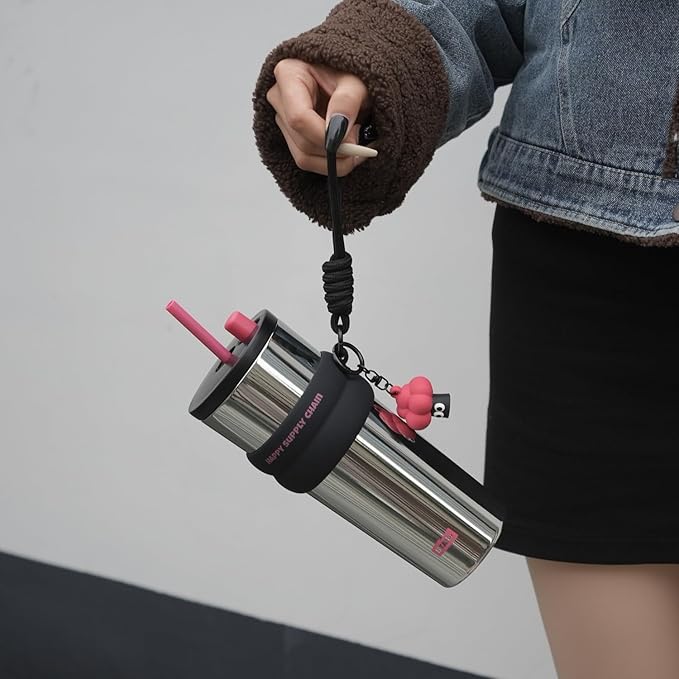 24 OZ Insulated Tumbler witn Lid and Straw Stainless Steel, Insulated Reusable Leak Proof Water Bottle with Strap, Travel Portable Iced Coffee Mug for Hot and Cold, Thermal Cup for Women, Sliver