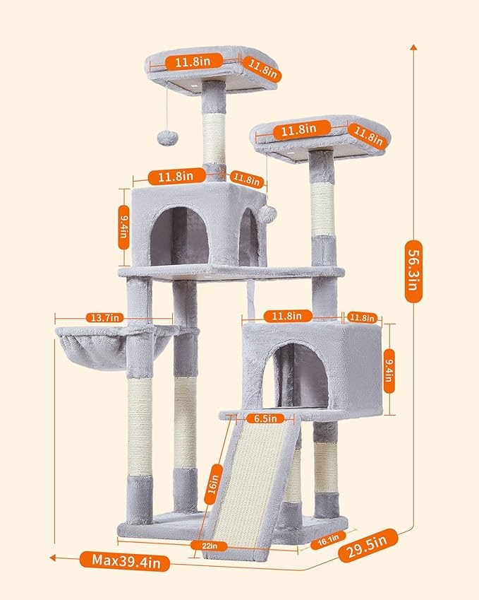 Taoqimiao 56.3-Inch Cat Tree, Cat Tower with Scratching Posts, Cat Tree House for Indoor Cats with hammocks, Toys, Condo and Large Scratch Board, Light Gray MS012W
