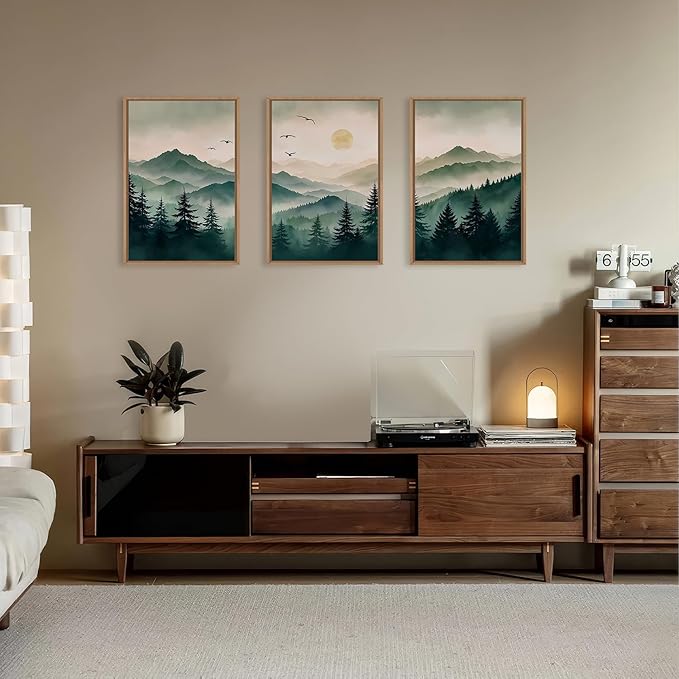 Ausril Misty Forest Framed Canvas Wall Art Set, Boho Mountain Landscape Wall Decor, Pine Tree Wall Painting, Nature Sunrise Art Prints for Living Room, Bedroom, Dining Room, Office - Large 16"x24"x3
