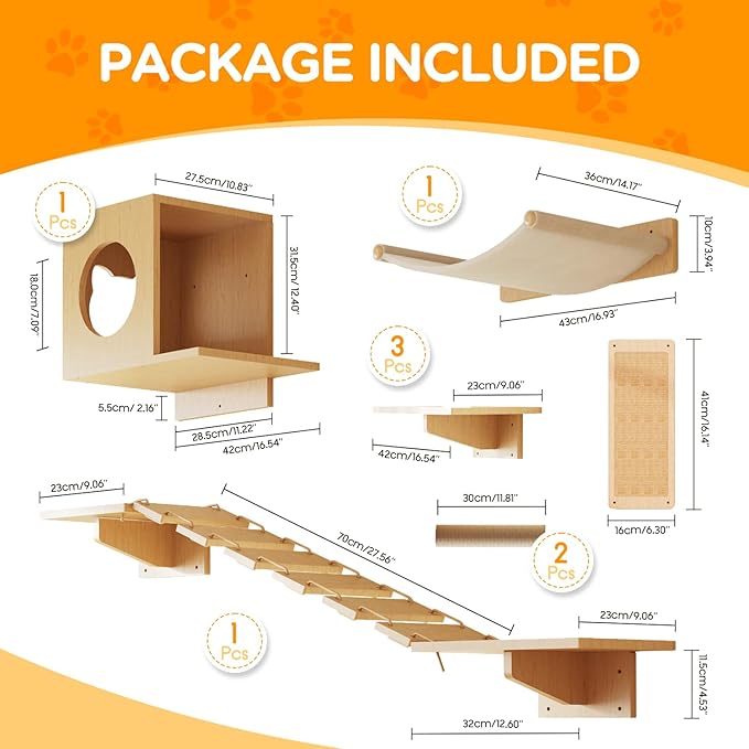 Cat Wall Shelves, Set of 5 Wooden Cat Wall Furniture with Cat Condo, Cat Scratching Post with 3 Steps, Bridge, Cat Hammocks and Scratcher