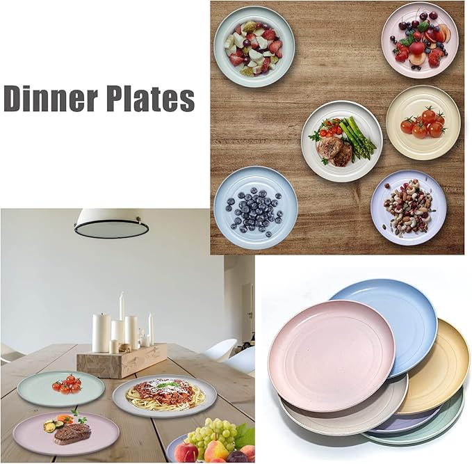 6 PACK 6 Inches wheat straw plates, Unbreakable Deep Dinner Plates, Plastic Plates Reusable, Assorted Colors Dinnerware Sets, Microwave & Dishwasher Safe, Healthy for Kids & Adult