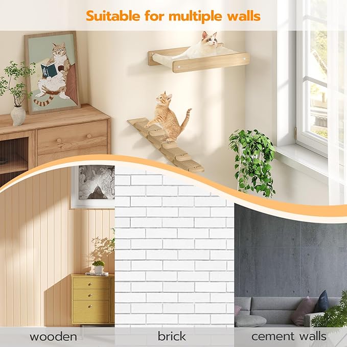 HOOBRO Cat Hammock, Cat Wall Bed with Soft Fabric, 15" L x 12.6" W, Wood Cat Wall Shelves, Easy to Install, Holds up to 40 lb, for Kitten, Medium and Large Cats, Natural NL01CS03