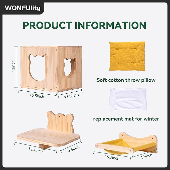 WONFUlity Cat Shelves and Perches for Wall, Cat Hammock Wall Mounted Cats Shelf and Climbing Shelf with Sisal Scratching and Climbing Bridge Step Modern Cat Bed &Cat Furniture