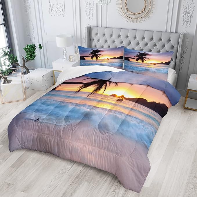 AILONEN Beach Comforter Set for Kids Boys Girls, Ocean Theme Bedding Set Queen Size,Beach Pattern Quilted Duvet,Ultra Soft Coastal Beach Quilt,1 Comforter 2 Pillowcases 3 Piece
