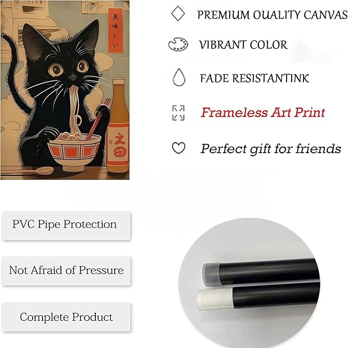 3Pcs Funny Japanese Black Cat Canvas Wall Art Vintage Animal Posters Prints Edo Period Ramen Cat Pictures Japan Quirky Cat Painting Kitchen Dining Wall Decor Animal Lover Gift 12x16in Unframed