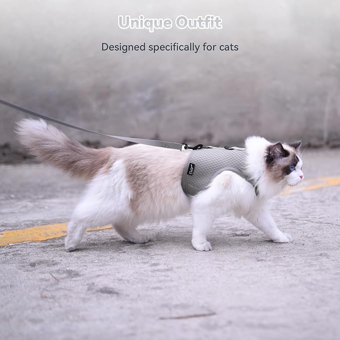 Cat Harness and Leash for Walking Escape Proof Breathable Mesh Fabric, Solid Grey, Medium, Adjustable Cat Walking Jackets, Padded Stylish Cat Vest