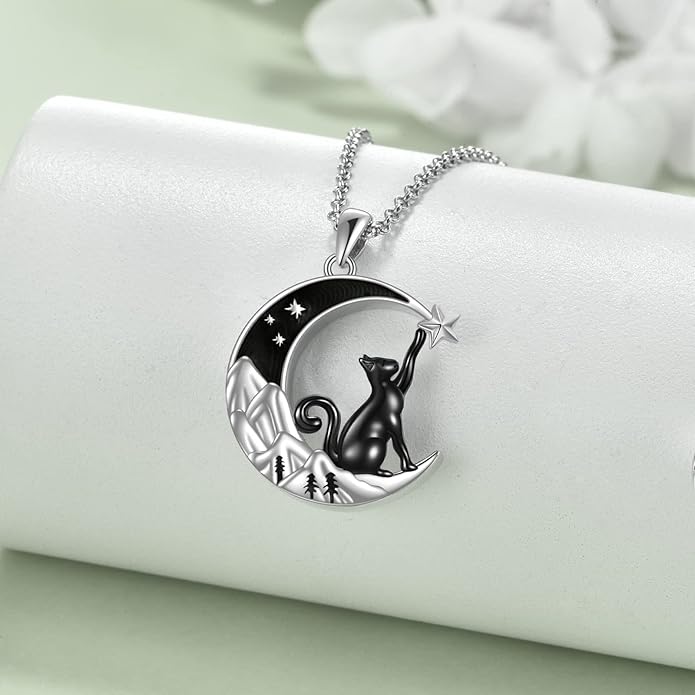 925 Sterling Silver Moon Black Cat Necklace for Women - Tree of Life Jewelry with Abalone Stone - Cat Lover Birthday Gift