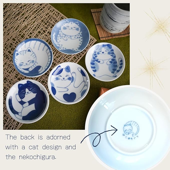 5 Piece Set of Microwave & Dishwasher Safe Cat Design Small Plates - Perfect for Sushi & Desserts, Set of 5, Sprawled Cat
