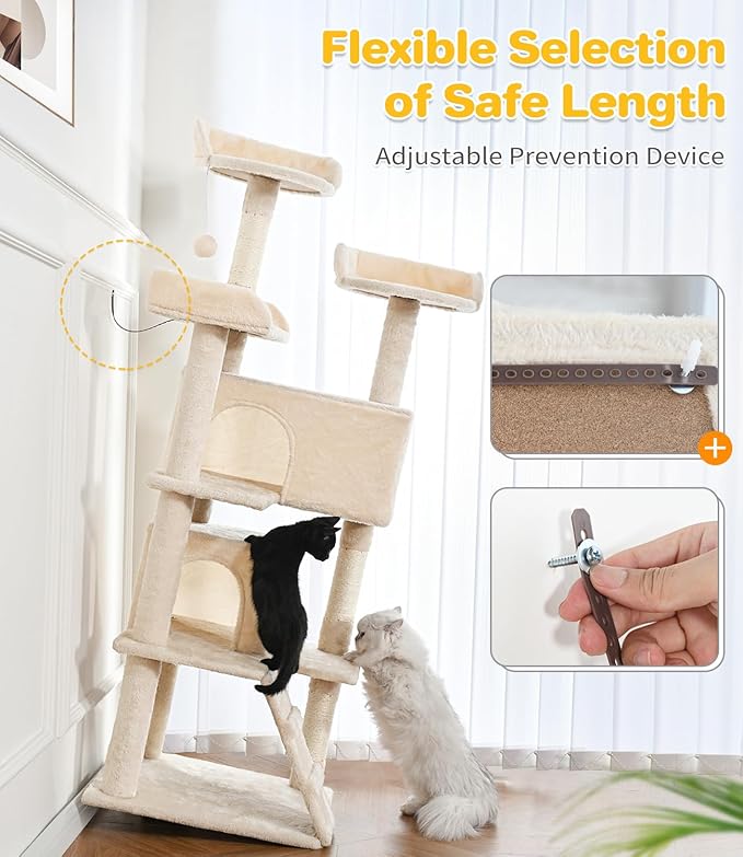 Made4Pets Cat Tree Tower 56in Cat Tower for Indoor Cats Kitten Tree Multi-Level Cat Tree with 2 Condo Furniture Activity Center with Scratching Posts Funny Toys Kittens Pet Play House, Beige
