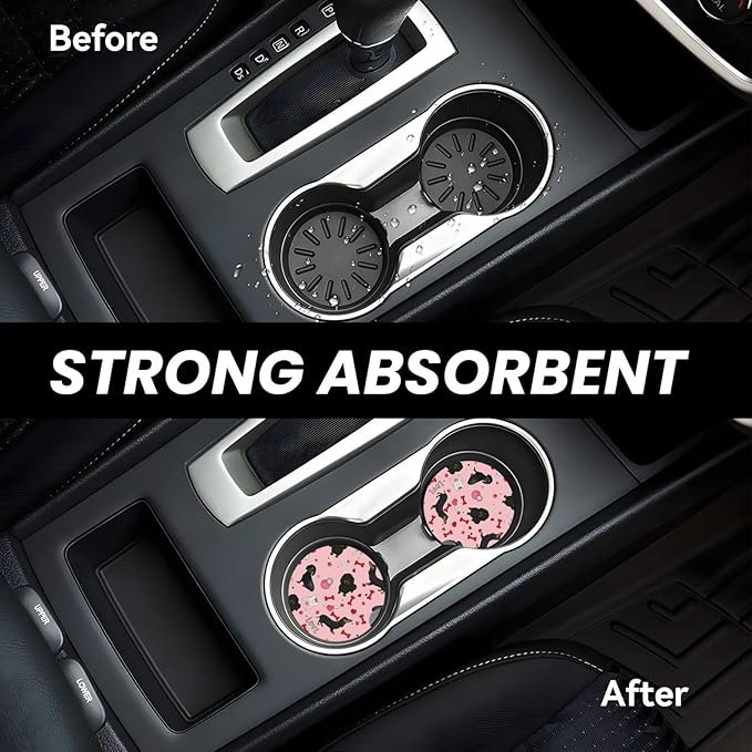 Absorbent Ceramic Car Coasters for Cup Holders, Cute Pink Dachshund Design 2.56" Anti Slip Universal Drink Cup Coasters for Women Men (2 Pack)