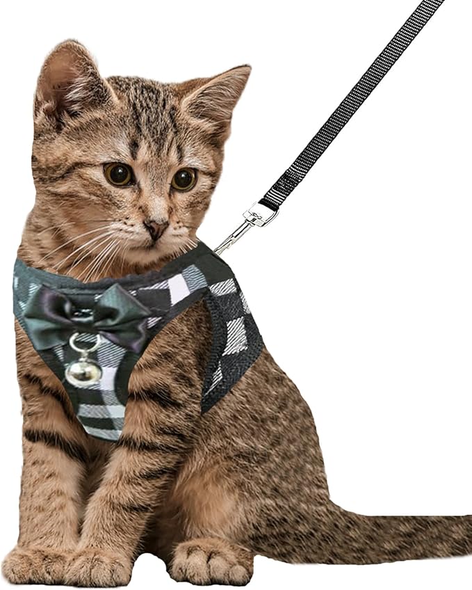 Cat Leashes and Harnesses for Walking,Breathable Soft Kittens Vest for Cats Dogs, Kitten Harness Escape Proof with Bell and Bow-Knot Decoration Christmas(XXS, Black-White)