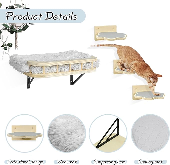 Cat Wall Shelves with Cooling Mat and Plush Cushion, Cat Shelves and Perches for Wall with 3 Wall Steps, Cat Wall Furniture Cat Climbing Shelf Cat Scratching Post for Sleeping, Playing, Gift for Cat