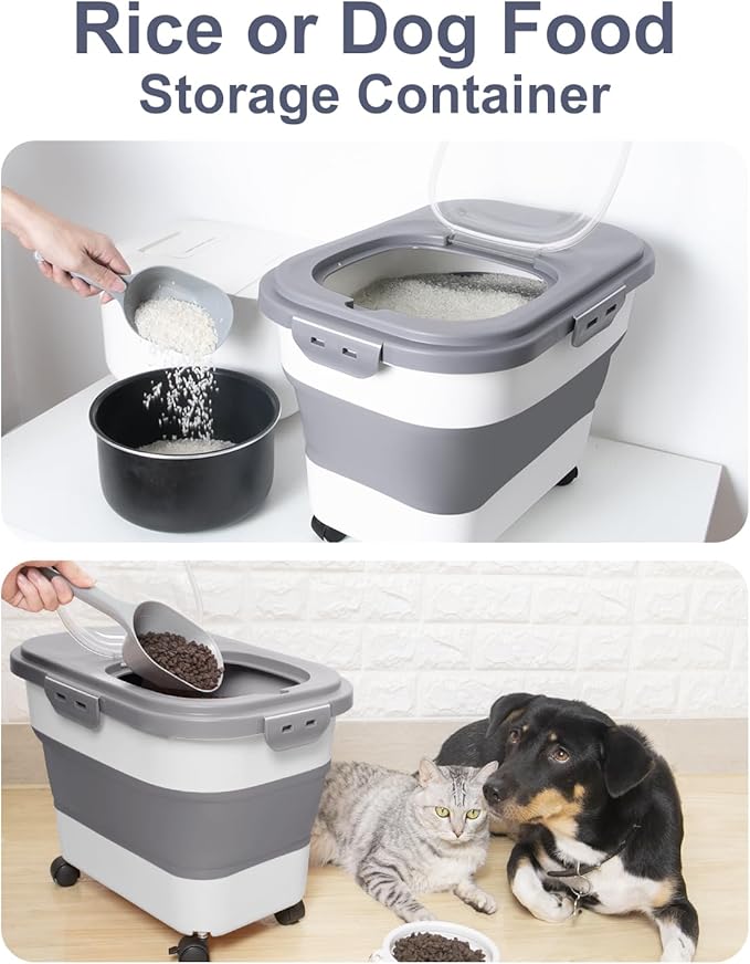 20-30 Lbs Rice Storage Container,Collapsible Food Storage Containers with Rolling Wheel Airtight Locking Lid,Flour Storage Container with Cup and Scoop,Suitable for Food,Rice,Pet Food,Flour