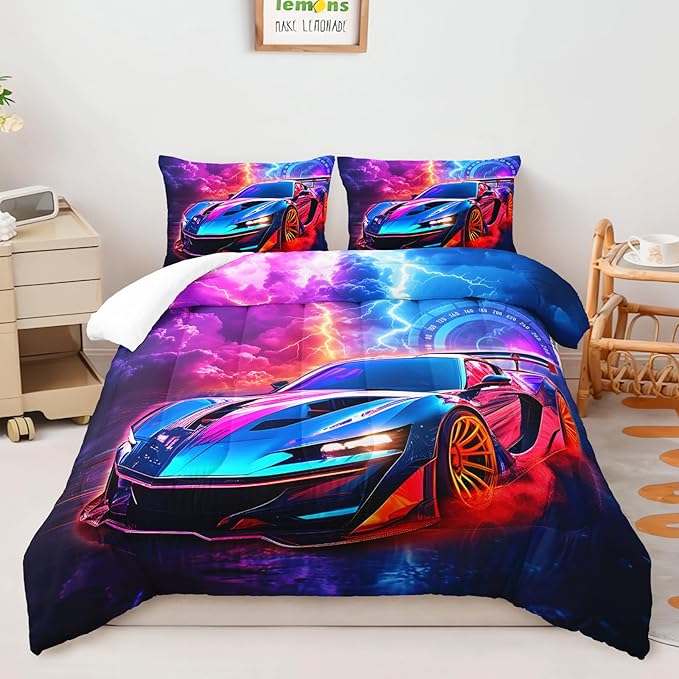AILONEN Kids Race Car Bedding Set Twin Size,Red and Blue Speed Extreme Sport Racing Car Comforter Set for Boys Teen,3 Piece Soft Racer Duvet with 2 Pillowcases