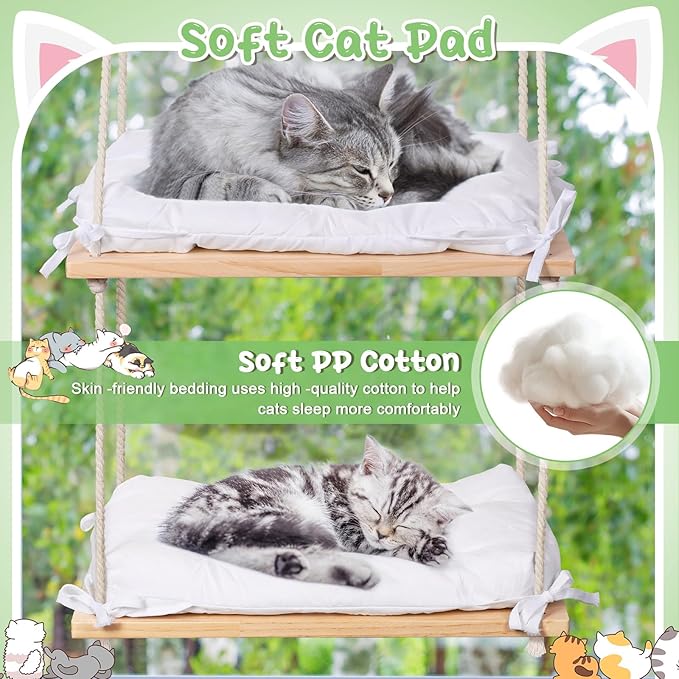 Cat Window Perch - Cat Window Hammock with Cushion Bed - Solid Wood Seat & Strong Suction Cups - Cat Window Bed & Furniture for Indoor - Hanging Window Shelf for Cats and Kittens(2-Layer)