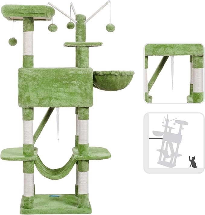 Hey-brother Cat Tree, 61 inch Cat Tower for Indoor Cats, Cat House with Padded Platform Bed, Toy Balls, Large Cozy Condo, Hammocks and Sisal Scratching Posts, Green MPJ019GR