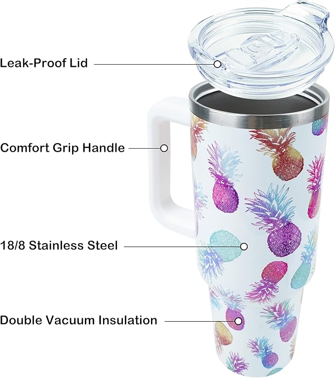 40 oz Tumbler with Handle and Straw, Stainless Steel Insulated Cup with Leak Proof Lid and Straw Lid, Keep Drinks Cold and Hot for Hours(Pineapple)