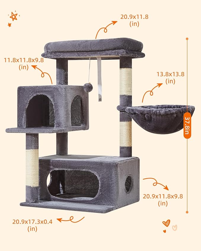 Taoqimiao Cat Tree,37.8-Inch Cat Tower for Indoor Cats,2 Luxurious cat condo with Adjustable Large Hanging Baskets and Large Luxurious Perch Smoky Gray MS029G