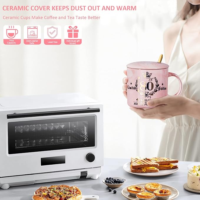 80th Birthday Gifts for Women, 14oz Pink Coffee Mug with Gold Pattern, Best Gifts for 80 Year Old Grandma, Mom, Sister, Friend, Fabulous 80 Limited Edition, 1943 Birthday Gifts for Women.