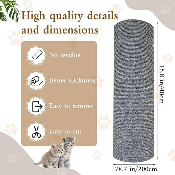 78.7" *15.8" Trimmable Cat Scratching Post Carpet, Cat Scratching Sat Self-Adhesive,Cat Scratching Mat for Cat Tree Shelf Shelves,Cat Carpet Scratching Post Scratcher Couch Protector