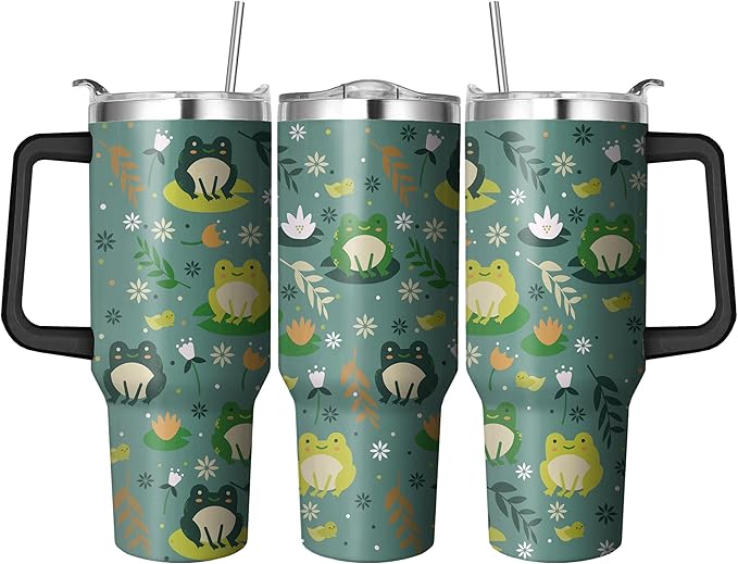 40 Oz Double Wall Frog Tumbler with Handle, Straw and Insulated Leak Proof Mug | Frog Gift for Women & Lovers