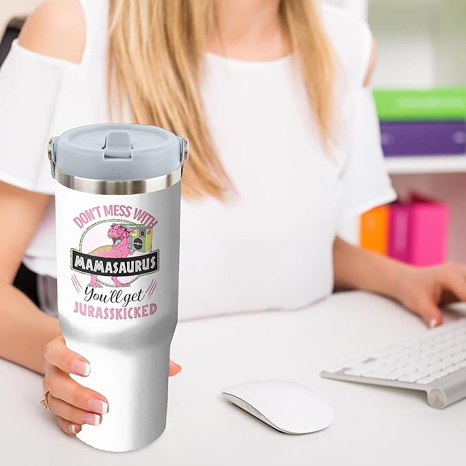 30 Oz Momasaurus Tumbler with Handle and Straw, Best Mom Cup Gifts for Mom Insulated Jurasskicked Mom Cup, Double Wall Stainless Steel Momasaurus Cup, 30 Oz Leak Proof Mama Saurus Cup for Mom Gifts
