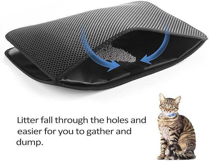 ASHATA Cat Litter Mat, Double Layer Design Urine Proof Trapper Mat for Litter Boxes, Double Layer EVA Litter Trapping Mat for Kitten, Easy to Clean Scatter Control (Black)