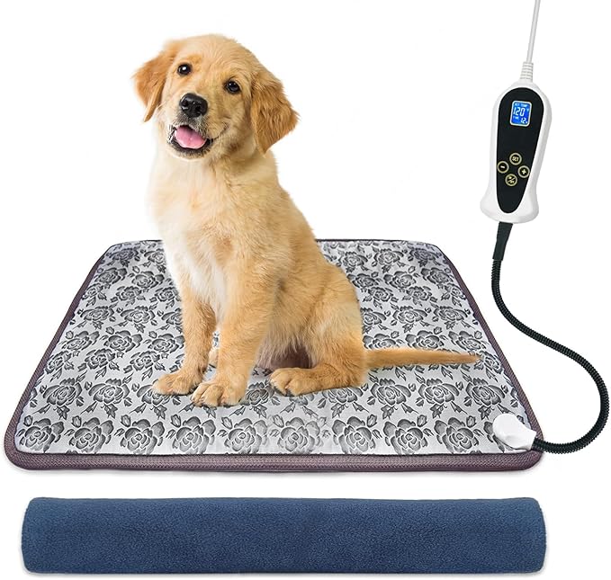 Bestio Cat Heating Pad,Medium 18x18 in Dog Heating Pad,Electric pet Heated pad with Adjustable Thermostat (1-24 Hours),Cat Heating Pad Indoor for Puppy with One Blue Plush Cover