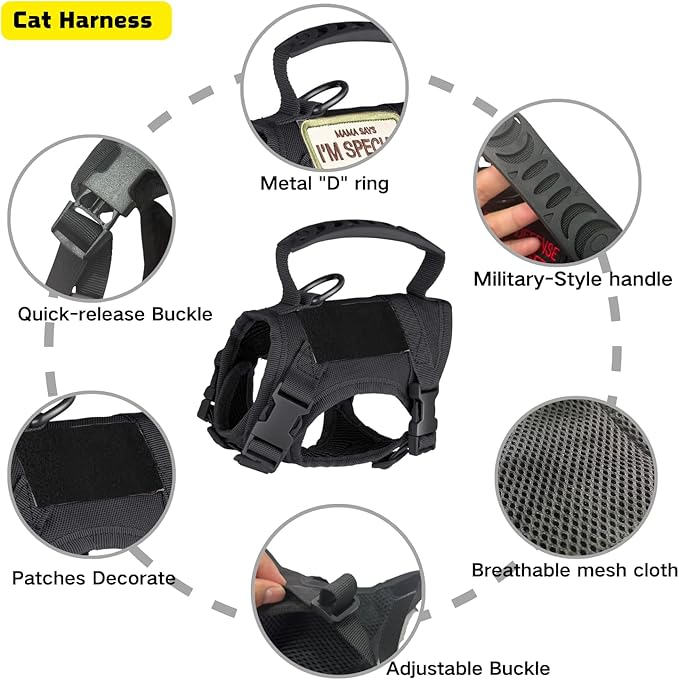 Tactical Cat Harness and Leash Soft Mesh Cat Outdoor Walking Vest Adjustable Large Cat Vest with Rubber Handle Easy to Control for Large Cat, Puppy, and Small Dog (Black)