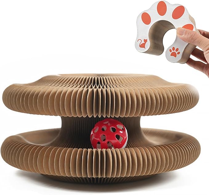 Magic Organ Cat Scratching Board, Interactive Scratch Pad with a Ball, Cat Scratcher for Grinding Claw, Recyclable and Durable, Furniture Protector, Retractable, Reversible (Round -1 Pack)