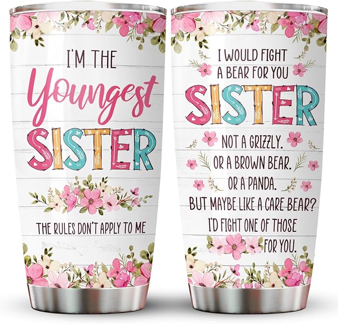 34HD Sister Gifts from Sister, Lilttle Sister Tumbler with Lid 20 oz Stainless Steel, I Would Fight A Bear for You Sister Mug, Sister Coffee Mug, Lil Sister Gifts
