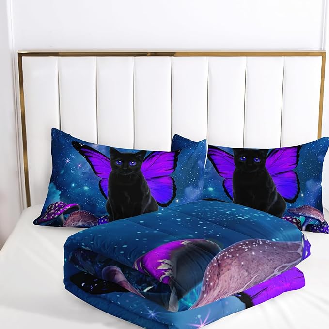 AILONEN Black Cat Comforter Set Queen Size, Butterfly Cat Bedding Set for Girls Boys,Blue Starry Moon Purple Mushroom Duvet Set 3 Pieces, 1 Quilt and 2 Pillowcases