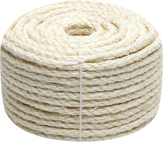 White Sisal Rope 1/4 Inch by 98-Feet for Cat Scratching Post Tree Tower Replacement Repair and Replace, DIY Hemp Twine Rope for Kittens Shelves Furniture Window Bed Perch House Climbing, 6mm by 30m
