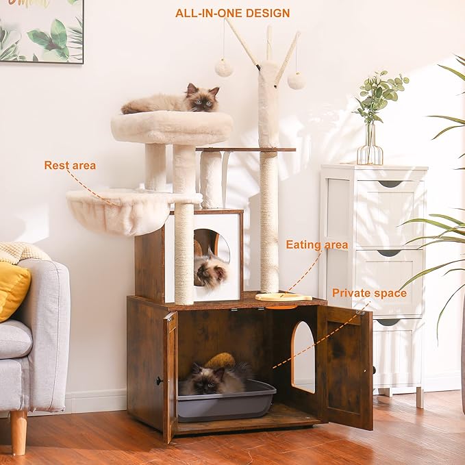 Heybly Cat Tree, Wood Litter Box Enclosure with Food Station, All-in-one Indoor Cat Furniture with Large Platform and Condo, Modern Style Cat Tower, Hammock, Rustic Brown HCT102SR