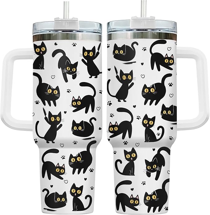 34HD Black Cat Coffee Tumbler with Handle and Straw, 40oz Stainless Steel Insulated Kitty Mug with Lid, Cute Pet Gifts for Women Men on Birthday Mothers Day Halloween Christmas