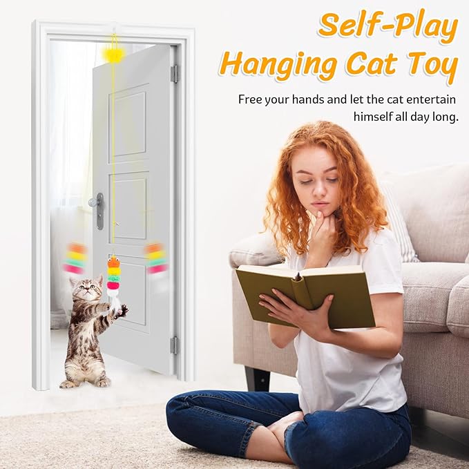 8 PCS Cat Feather Toys Cat Toys Hanging, Interactive Hanging Cat Toy Door Cat Teaser Retractable Door Frame Cat Hunting Toy, Cat Mouse Toy Hanging String Toys for Indoor Kitten Self Play Exercise