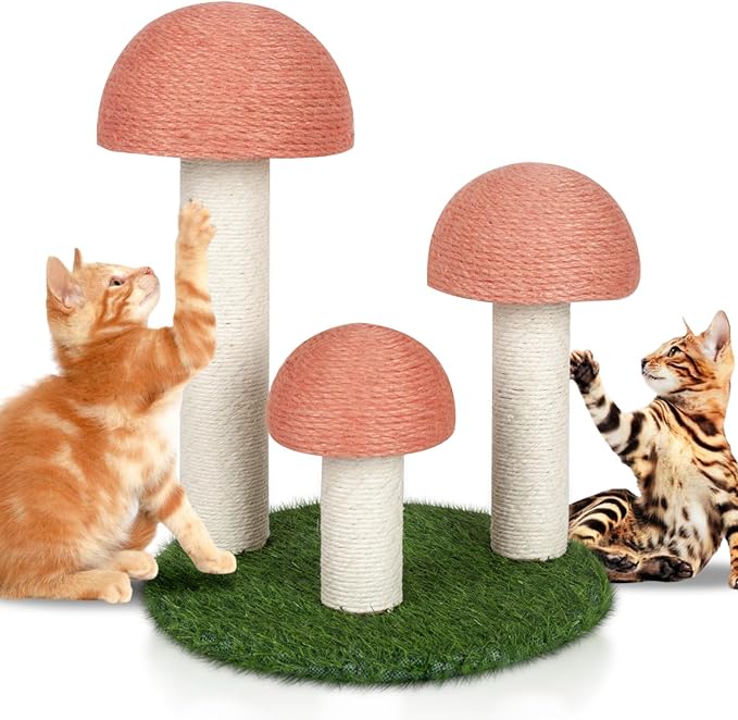 PowerKing Cat Scratching Post, Mushroom Claw Scratching Post for Cat, Natural Sisal Cat Scratchers with 3 Mushroom Pole, Cat Interactive Toys