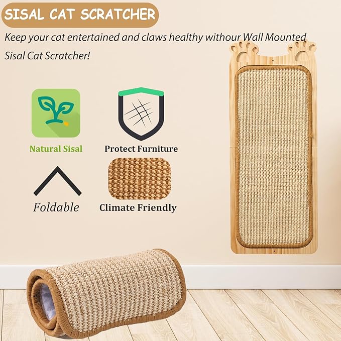 Wall Mounted Cat Scratcher, Cat Wall Scratching Post, Sisal Cat Wall Scratcher with Cat Ball Toy, Wood Cat Scratching Board for Indoor, Cat Wall Furniture Scratch, Cat Wall Scratcher