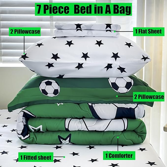 7 Piece Boys Soccer Comforter Set Full Size Bed in A Bag 3D Football Playground Sports Bedding Set for Kids Microfiber Comforter All Season Green