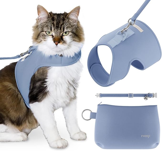 Cat Harness, Collar & Leash Set - Escape Proof Adjustable Choke Free Velcro Harness Vest for Walking Cats & Kittens (Cotton Blue, Small)