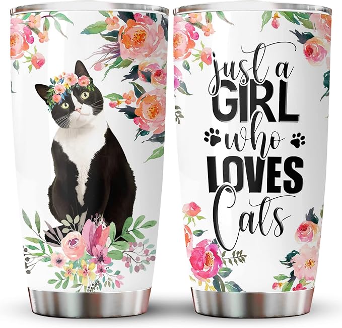 34HD Just A Girl Who Loves Cats Tumbler with Lid, 20 oz Stainless Steel Vacuum Insulated Tuxedo Coffee Mug, Cat Mom Gifts for Cat Lovers Women Birthday Mothers Day Christmas