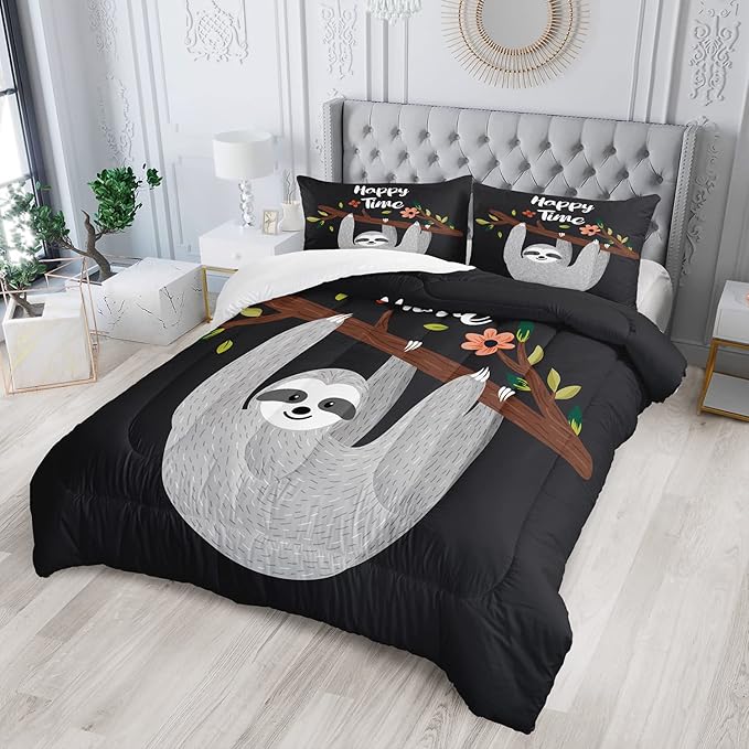 AILONEN Sloth Comforter Set Twin Size, Cartoon Sloth Bedding Set for Kids Girls Boys,Sloth Pattern Printed Duvet,Ultra Soft Sloth Quilt Set,1 Comforter 2 Pillowcases 3 Piece