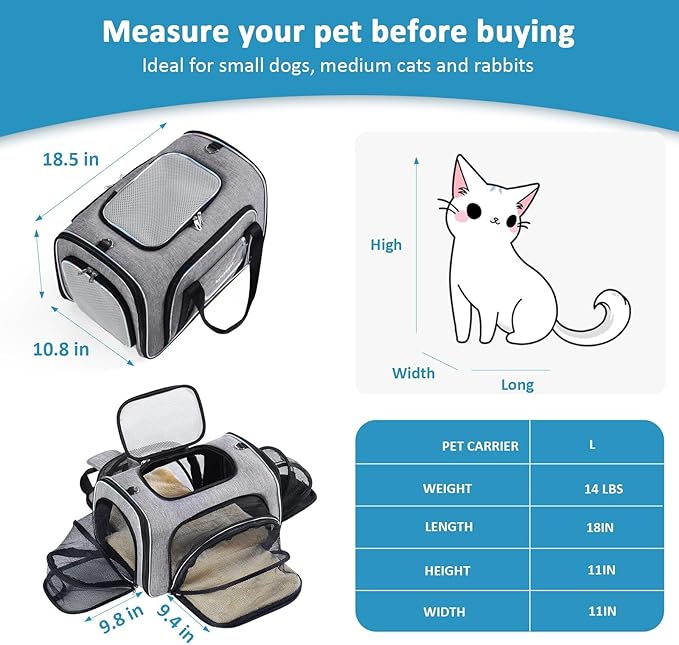 4 Sides Expandable Cat Travel Bag Airline Approved Collapsible Cat Soft-Sided Carriersexpandable pet Carrier，Folding Soft Sided Transport Tote Bag for Kittens,Dog & Small Animals、Removable Fleece Pad