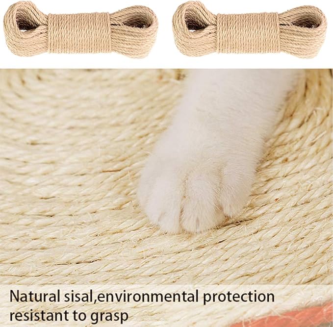 2 Pack Cat Natural Sisal Rope for Scratching Post Tree Replacement, Hemp Rope for Repairing, Replacement Cat Tree and Tower DIY Scratcher (6 mm 66 Ft)