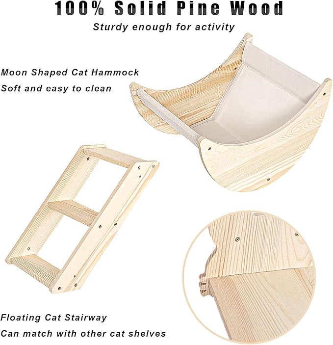 Cat Shelf for Wall Mount Hammock with Climbing Shelves and Perches Solid Wood Cat Steps for Climbing Sleeping Playing Lounging Perching