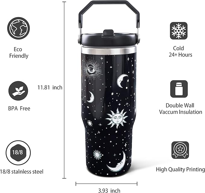 30oz Gothic Tumbler with Handle and Straw, Stainless Steel Vacuum Insulated Coffee Tumbler, Travel Mug Water Bottle, Goth Stuff Accessories Decor, Witch Gifts for Women